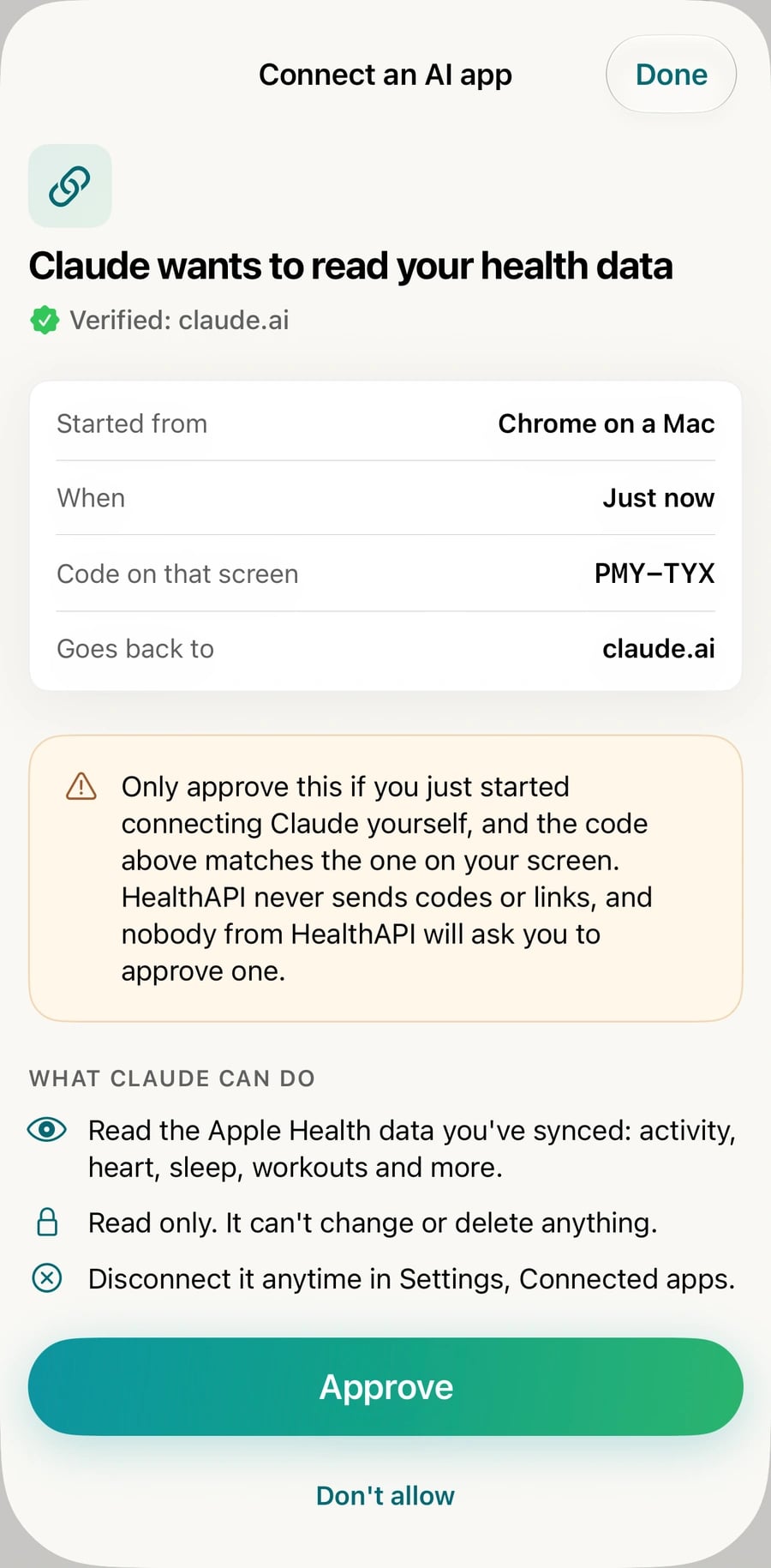 The approval screen in the HealthAPI app: Claude wants to read your health data. Verified: claude.ai. Started from Chrome on a Mac, code PMY-TYX, with what Claude can do and an Approve button.